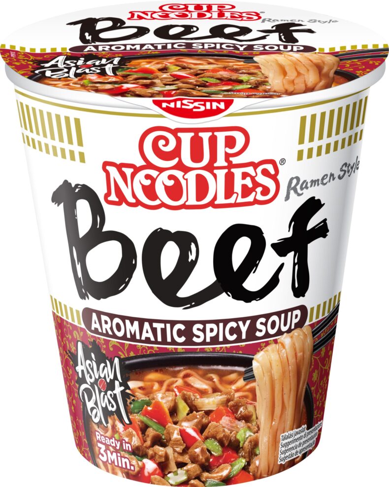 Nissin Cup Noodles poharas fűszeres instant tésztaleves marha ízesítéssel 64g