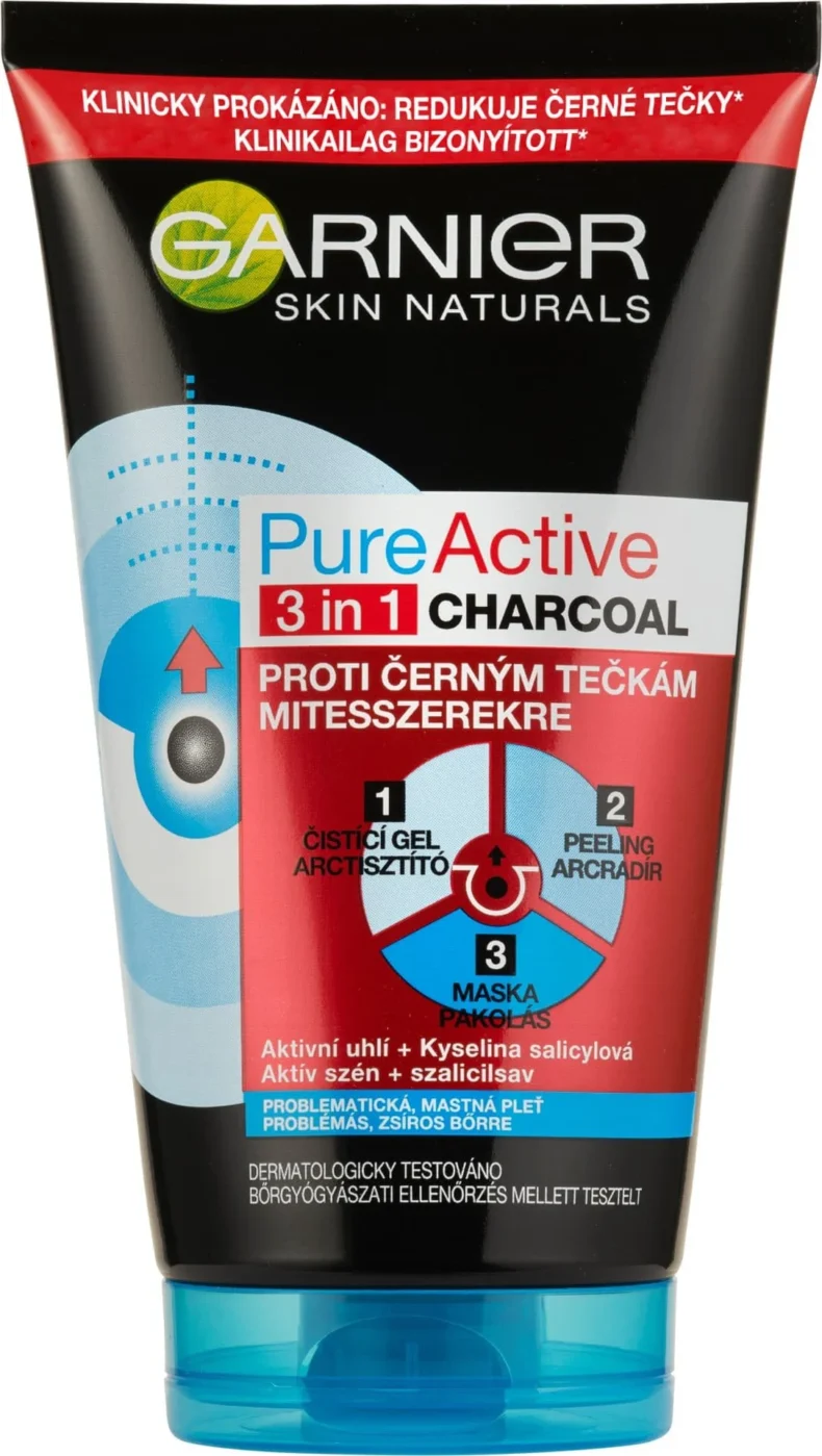 GARNIER Skin Naturals Pure Active 3in1 Charcoal Problémás Zsíros Bőrre 150 ml