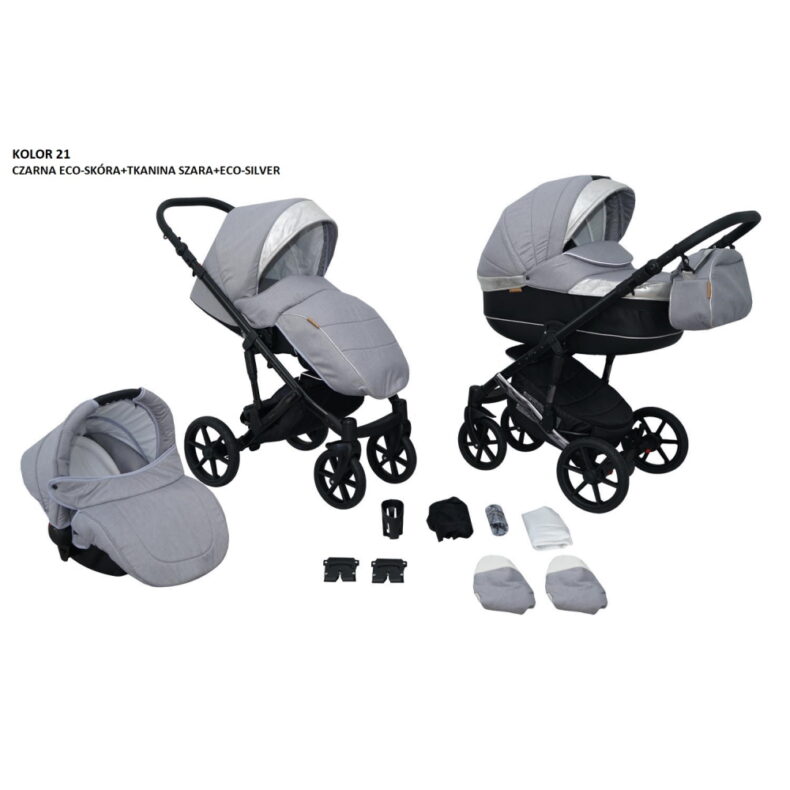 Mikrus multifunkciós babakocsi Cruiser (merev mózes, hordozó 0-10kg, pelenkázótáska, bolygókerekek elöl) mûbõr mózesalappal és kosárral 21 szürke/ezüst