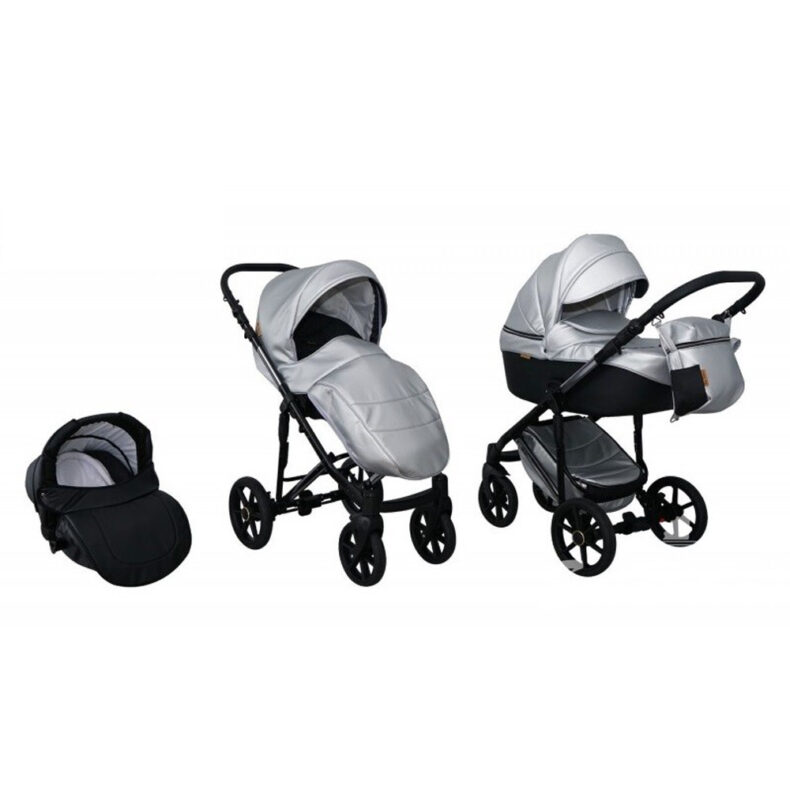 Mikrus multifunkciós babakocsi Comodo Scot (merev mózes, hordozó 0-10kg, pelenkázótáska) mûbõr 46 ezüst metál