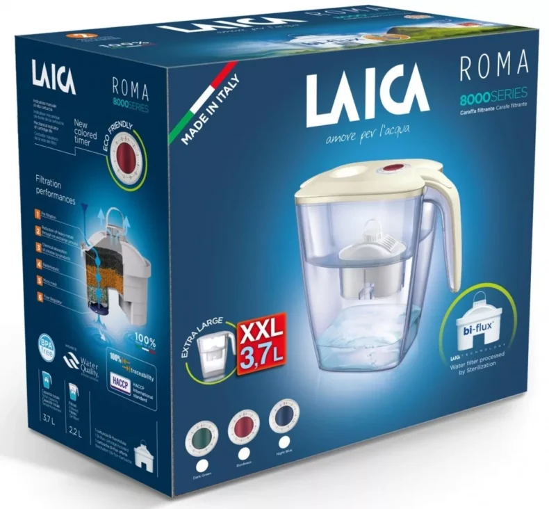 LAICA ROMA NIGHT vízszűrő kancsó Cream tetővel, mechanikus night blue tárcsával és 1 db bi-flux univerzális szűrőbetéttel 3,7 liter (J81EC)