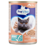 PreVital nedves macskaeledel, macskatáp felnőtt macskáknak ASC lazaccal zselében konzerv 415 g