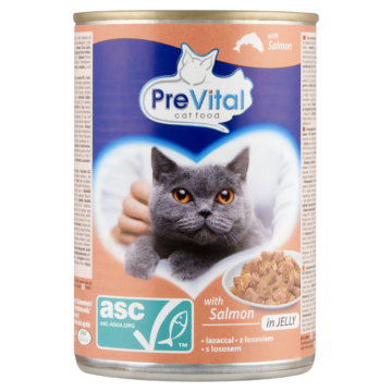 PreVital nedves macskaeledel, macskatáp felnőtt macskáknak ASC lazaccal zselében konzerv 415 g