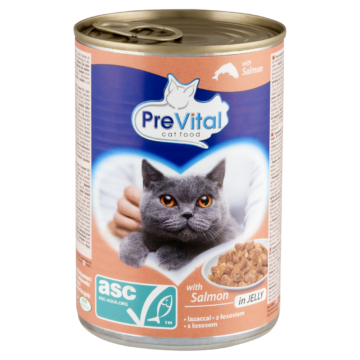 PreVital nedves macskaeledel, macskatáp felnőtt macskáknak ASC lazaccal zselében konzerv 415 g