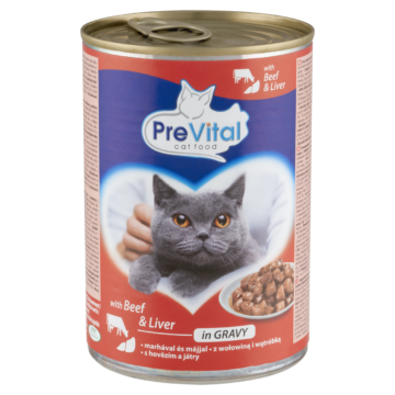 PreVital nedves macskaeledel, macskatáp felnőtt macskáknak marhával, májjal szószban konzerv 415 g