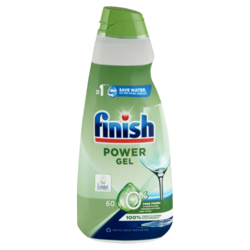 Finish Power All in 1 0% Gépi Mosogatógél 900 ml – 60 Mosogatás, Foszfát- és Tartósítószermentes Teljes Power tisztítóerő foszfát, tartósítószer és színezék nélkül – tudatos mosogatás minden nap
