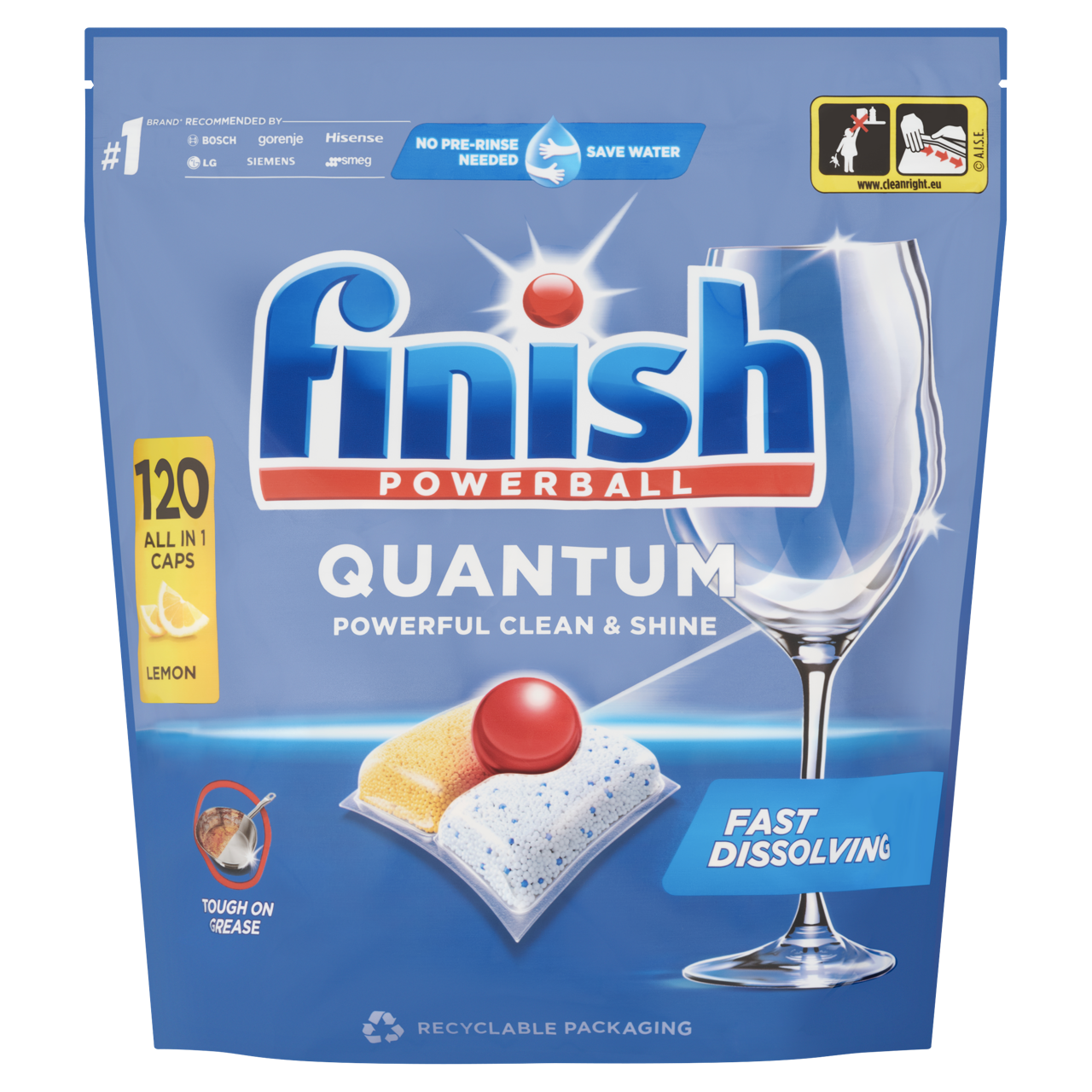 Finish Powerball Quantum All in 1 mosogatógép-kapszula Lemon 120 db – Glass Protect Üvegvédelem, Citromos Frissesség A Quantum ereje citromos frissességgel