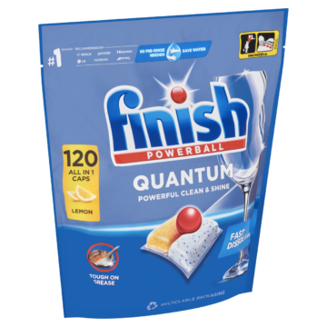 Finish Powerball Quantum All in 1 mosogatógép-kapszula Lemon 120 db – Glass Protect Üvegvédelem, Citromos Frissesség A Quantum ereje citromos frissességgel