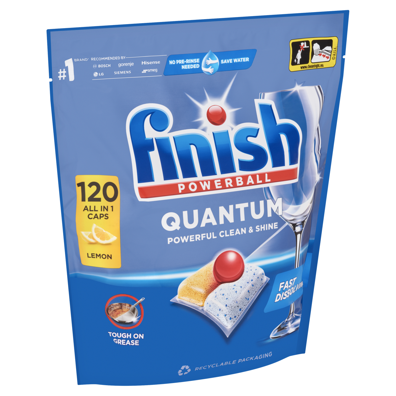 Finish Powerball Quantum All in 1 mosogatógép-kapszula Lemon 120 db – Glass Protect Üvegvédelem, Citromos Frissesség A Quantum ereje citromos frissességgel