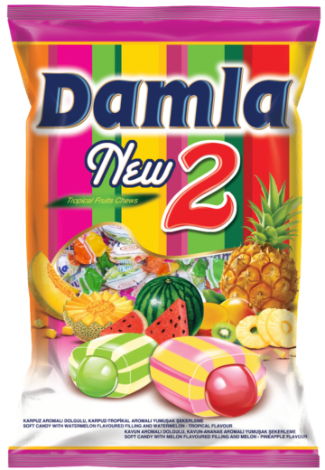 Damla New2 trópusi gyümölcs ízű töltött puhakaramella mix 1 kg